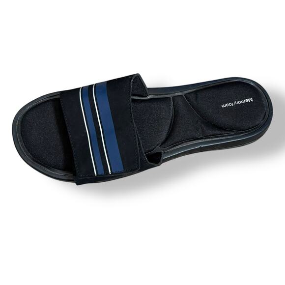 Black Memory Foam Slide Sandals With Blue Stripes Velcro Strap Unisex Size Large - Picture 1 of 6